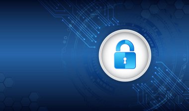 Siber güvenlik konsepti, devre kartı ve asma kilit. Sistem gizlilik vektör illüstrasyon.