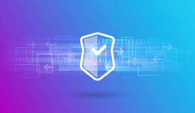 Veri güvenlik sistemi, bilgi ya da ağ koruması. Siber güvenlik ve veri koruması. Kalkan simgesi, gelecekteki doğrulama teknolojisi. Soyut yüksek teknoloji tasarımı.