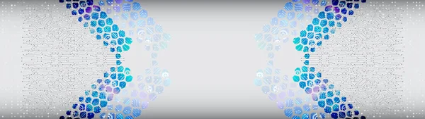 Широкий Футуристический Синий Фон Шестиугольниками Печатной Платой Красочная Современная Высокотехнологичная — стоковый вектор