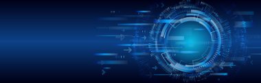 Çeşitli teknolojik elementlere sahip yüksek teknoloji vektör çizimi. Geniş Siber Güvenlik İnternet ve ağ konsepti. Soyut küresel bilim kurgu kavramı. Mavi arkaplanda dijital internet iletişimi