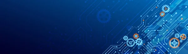 ハイテク回路基板設計革新の概念 概要未来的なワイドコミュニケーションベクトル図 青い背景のSf技術 — ストックベクタ