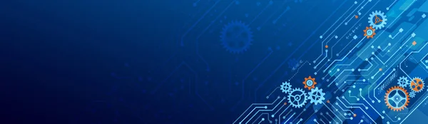 Hi tech devre kartı tasarımı yenilik kavramı. Soyut fütüristik geniş iletişim vektörü çizimi. Mavi arka planda bilim kurgu teknolojisi.