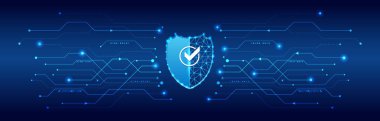 Siber güvenlik ya da ağ koruması. Yüksek teknoloji arka planında gelecekten gelen bir kalkan. Teknoloji siber güvenliği. Sistem gizliliği.