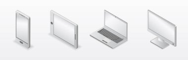 Model cihazlar. 3D gerçekçi bilgisayar, dizüstü bilgisayar, tablet ve akıllı telefon. Web tasarımı için perspektif izometrik aygıt.