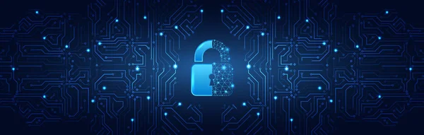ビジネスのためのインターネットセキュリティ技術の概念 機密データ保護 サイバーセキュリティや情報プライバシーの考え方 青い回路基板の背景に南京錠 — ストックベクタ