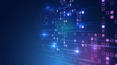 Parlayan kareler, veri akışları ve mavi ve mor tonlardaki geleceksel ışık efektleriyle soyut dijital arkaplan. Teknoloji, büyük veri ve siber kavramlar için mükemmel. Yüksek teknoloji sunumu için.