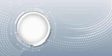 Yuvarlak dijital arayüzü ve noktalı dalga deseni yeniliği, modern teknolojiyi, veri transferini ve yüksek teknoloji tasarımı sembolize eden gelecekçi beyaz ve gri teknoloji arka planı.