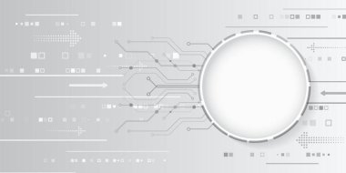 Yuvarlak çerçeveli, dijital devre çizgileri ve geometrik şekilli soyut gri teknoloji arka planı. Yenilikçi projeler, veri çalışmaları ve gelecekçi tasarımlar için ideal.