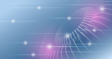 Parlayan üç boyutlu halka şekilli noktalar, kıvrımlı dalgalı çizgiler ve eğimli mavi ve mor ışık efektleriyle soyut fütüristik arkaplan. Modern dijital teknolojiler için bir tasarım konsepti.