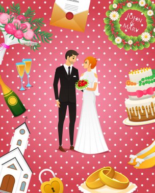 Yeni evliler kartı. Gelin ve damat. Düğün töreni. Sevgililer günü. vektör çizim. Aşk kavramı. Sadece evli, yaz manzara. VINTAGE Poster afiş. Rustik arka plan.