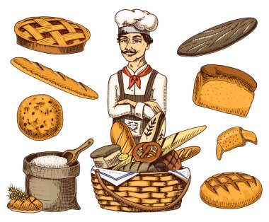 Mutfak patron, Şef tencere, baker önlük. Un veya sepet ile çanta. Oyma el eski kroki vintage tarzı etiket ve menü için çekilmiş. Pastane Dükkanı iç. Organik gıda Ekmek Ekmek pasta.