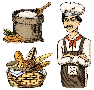Mutfak patron, Şef tencere, baker önlük. Un veya sepet ile çanta. Oyma el eski kroki vintage tarzı etiket ve menü için çekilmiş. Pastane Dükkanı iç. Organik gıda Ekmek Ekmek pasta.