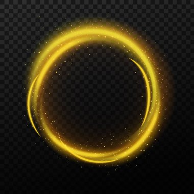 Sihirli ışıltı daire ve parlayan yıldız tozu. Altın kozmik ışıltılı afiş parlayan parçacıkları ile ayarlayın. Siyah arka plan üzerine izole yuvarlak parlak iz. Peri tozu. Glamour vektör çizim.