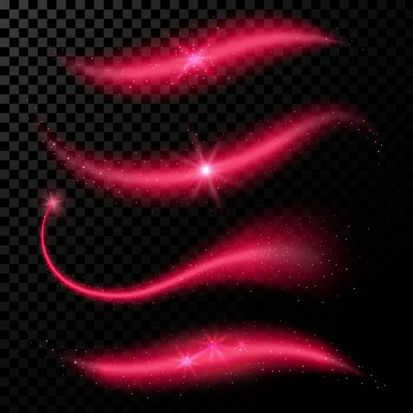 Μαγική λάμψη του κομήτη και αστρόσκονη. Ορίστε ροζ κοσμική ακτινοβολώντας κύματα με λαμπερό σωματίδια. Φωτεινό μονοπάτι που απομονώνονται σε μαύρο φόντο. Νεράιδα σκόνη. Εικονογράφηση διάνυσμα αίγλη. — Διανυσματικό Αρχείο