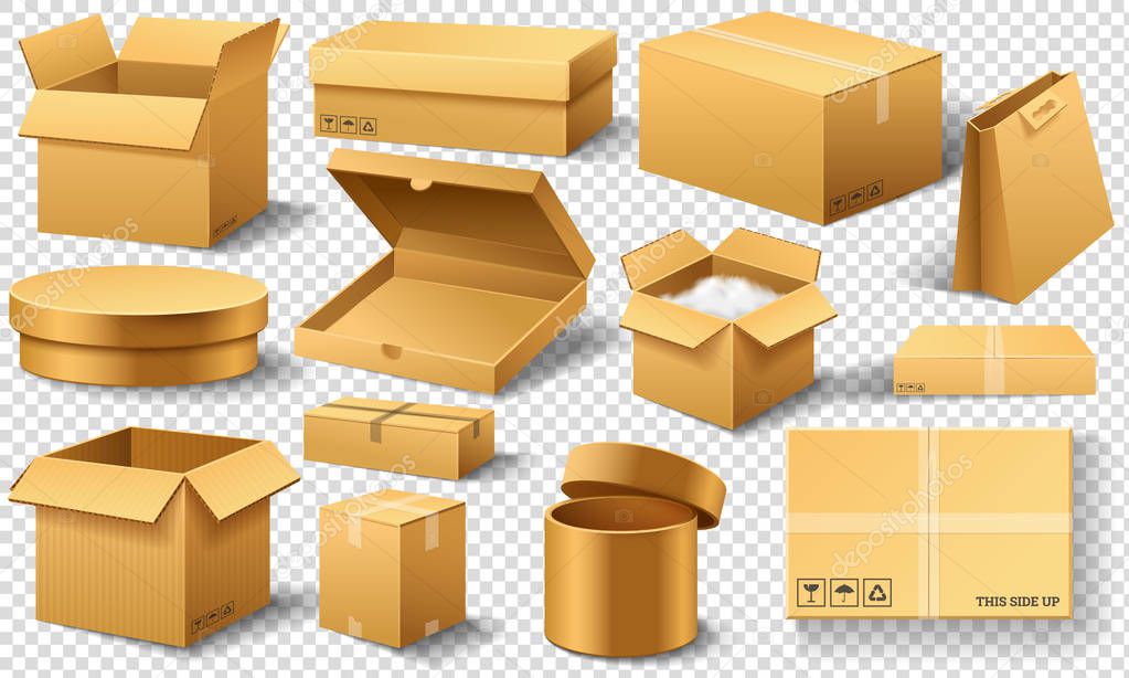 Realistic empty cardboard box Opened. Brown delivery. Carton package with fragile sign on transparent white background. Set of isolated mockup for web. Container for shipping, transportation and mail.