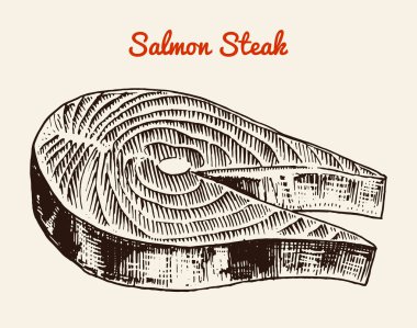 Taze somon steak. Nehir ve göl ya da deniz yaratık. Tatlı su akvaryum. Poster için belgili tanımlık yemek listesi. Oyulmuş elle çizilmiş eski vintage kroki. Sağlıklı deniz ürünleri arka plan.