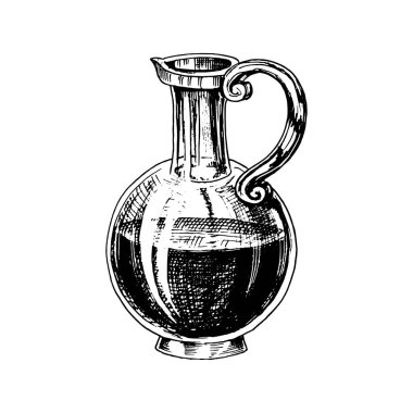 Bir şişe veya kavanozun içinde ağaç zeytin yağı. Organik Vejetaryen ürün. Siyah meyve yemek yemek için. Oyulmuş elle çizilmiş eski vintage kroki. Vektör çizim çıkartmaları ve amblemler.