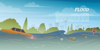 Sel veya şehir kavramı doğal afet. Yüzen çöp ve yüksek su, taşma ve büyük dalgalar tufan sırasında araba. Tufan sırasında tahliye zamanı. Poster veya kart için manzara arka plan.