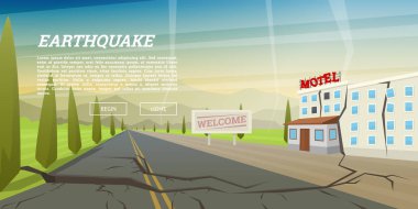 Gerçekçi deprem zemin Aralık bașlığı ve çatlamak ile harap ev ile. Doğal afet ya da tufan, felaket ve kriz. Toprak hatası. Poster veya kart için manzara arka plan. Vektör çizim.