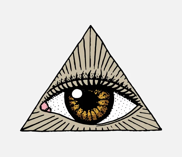 Face detailed. seeing eye in the triangle. Fashion Tattoo artwork for Girls. Engraved hand drawn in old vintage sketch. Vector surreal illustration, badges, print for t-shirt. — Stock Vector