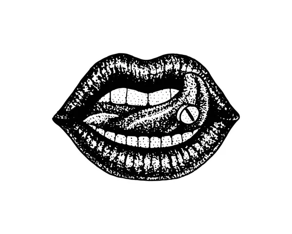 Visage baiser détaillé ou lèvres. Mode Tatouage illustration pour les filles. Gravé à la main dans un vieux croquis vintage. Illustration vectorielle surréaliste, badges, imprimé pour t-shirt . — Image vectorielle