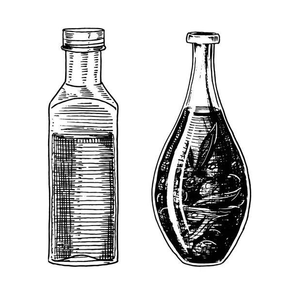 Aceite de oliva de los árboles en botella o frasco. Producto vegetariano ecológico. Fruta negra para cocinar alimentos. Mano grabada dibujada en antiguo boceto vintage. Ilustración vectorial para pegatinas y emblemas . — Archivo Imágenes Vectoriales