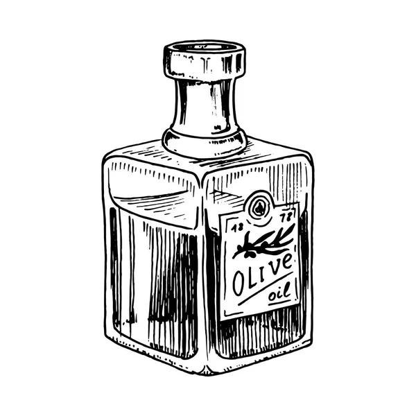 Aceite de oliva de los árboles en botella o tarro con pegatinas y emblemas. Producto vegetariano ecológico. Fruta negra para cocinar alimentos. Mano grabada dibujada en antiguo boceto vintage. Ilustración vectorial . — Archivo Imágenes Vectoriales