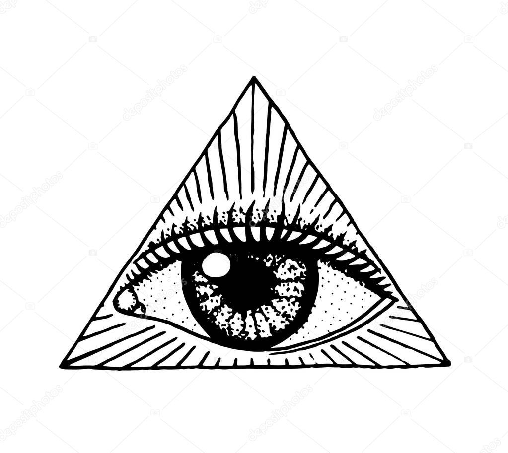 Face detailed. seeing eye in the triangle. Fashion Tattoo artwork for Girls. Engraved hand drawn in old vintage sketch. Vector surreal illustration, badges, print for t-shirt.