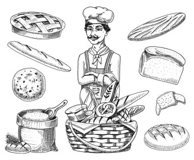 Mutfak patron, Şef tencere, baker önlük. Un veya sepet ile çanta. Oyma el eski kroki vintage tarzı etiket ve menü için çekilmiş. Pastane Dükkanı iç. Organik gıda Ekmek Ekmek pasta.