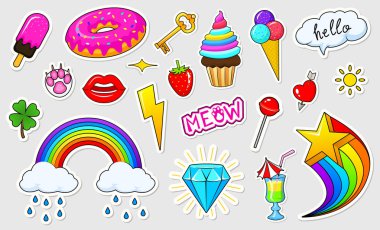 Ayarla çıkartmalar, rozetleri ve iğne kızlar moda şirin yamalari, eğlenceli. Koleksiyonu farklı öğeler. Prenses ve tek boynuzlu at, dudaklar ve midilliler, gökkuşağı ve tatlılar. Vektör trendy çizim.