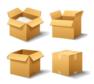 Gerçekçi boş karton kutu açıldı. Kahverengi teslim. Şeffaf beyaz arka plan üzerinde kırılgan işareti olan karton paket. Web için izole mockup kümesi. Konteyner nakliye, nakliye ve posta.