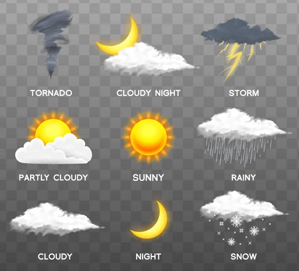 Modern realisztikus Idojárás ikonok beállítása. Meteorológia szimbólumok átlátszó háttér. Színes vektoros illusztráció mozgatható app, a nyomtatás vagy a webes. Vihar és eső, tiszta és zavaros, vihar, és a hó. — Stock Vector