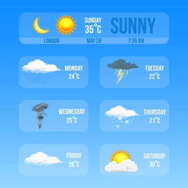 Zestaw ikon nowoczesnych realistyczne Pogoda. Meteorologia symbole na niebieskim tle. Ilustracja wektorowa kolor dla aplikacji mobilnej, drukowania lub sieci web. Burza i deszcz, jasne i pochmurny, burza i śnieg. — Wektor stockowy