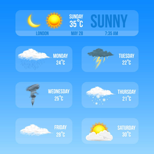 Modern Realistic weather icons set. Meteorology symbols on blue background. Color Vector illustration for mobile app, print or web. Thunderstorm and rain, clear and cloudy, storm and snow.