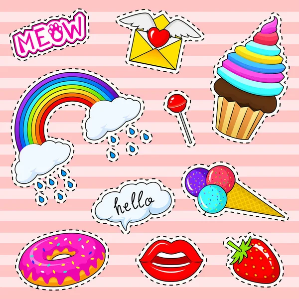 Set of girls fashion cute patches, fun stickers, badges and pins. Collection different elements. rainbow capkake lips ice cream donut meow strawberries for Princess. Vector trendy illustration. — Stock Vector