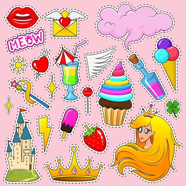 Set of girls fashion cute patches, fun stickers, badges and pins. Unicorn style. Collection different elements. Princess and, lips and rainbow and sweets. Vector trendy illustration. — Stock Vector