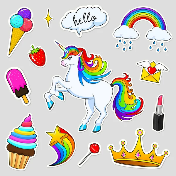 Conjunto de chicas de moda parches lindos, divertidas pegatinas, insignias y alfileres. Colección de diferentes elementos. Labios y ponis unicornio, arco iris y dulces para princesa. Vector ilustración de moda . — Archivo Imágenes Vectoriales