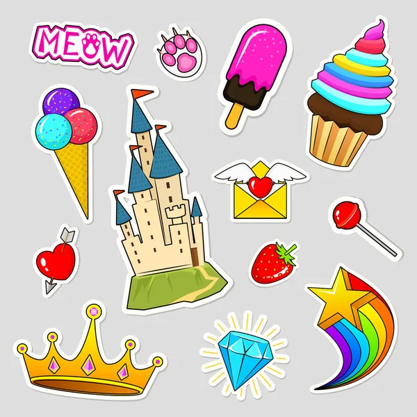 Set of girls fashion cute patches, fun stickers, badges and pins. Collection different elements. castle strawberry lips crown strawberry ice cream candy. Vector trendy illustration. — Stock Vector