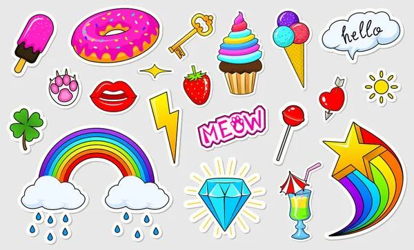 Set of girls fashion cute patches, fun stickers, badges and pins. Collection different elements. Princess and unicorn, lips and ponies, rainbow and sweets. Vector trendy illustration. — Stock Vector