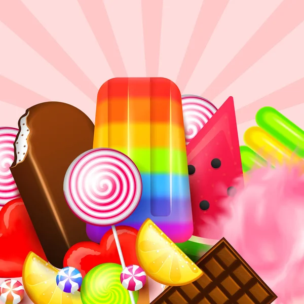 Reális édes cukorka. Örvény, karamell, válogatott kör nyalókák, dragee és csokoládé, gyümölcs zselés, cukor felhők, pamut és a görögdinnye. 3D-s játék háttér. ünnep színekben, modern stílusban. — Stock Vector