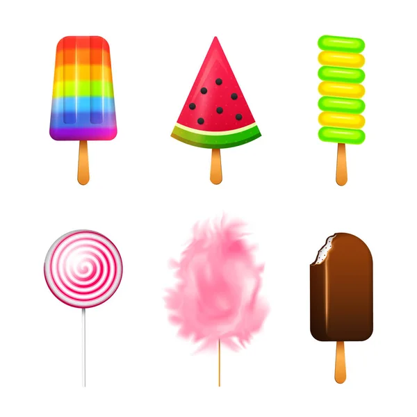 Realistische zoete ijs. Swirl van karamel, cirkel lollipop, vruchten gelei suiker wolken, katoen. De smaak van chocolade, watermeloen en apple. Rainbow snoep. 3D-vector. vakantie kleuren in moderne stijl. — Stockvector