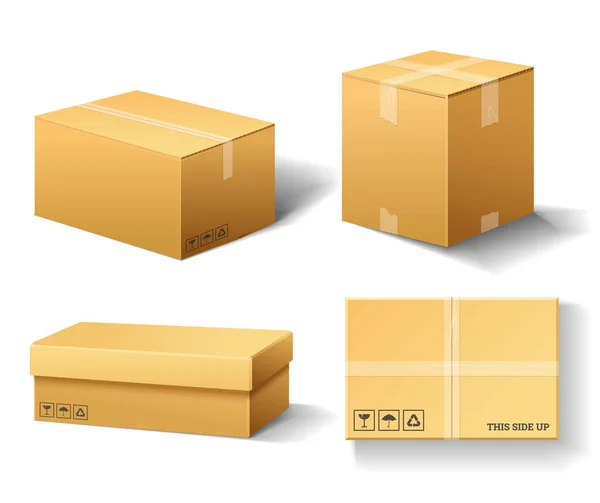 现实的空纸板箱打开。棕色送货。纸箱包装与脆弱的标志在透明的白色背景。为 web 设置的隔离样机。装运、运输和邮寄集装箱. — 图库矢量图片