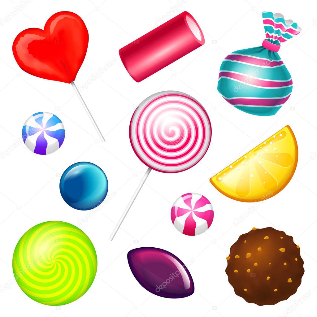 Realistic Sweet candies set. Swirl caramel, assorted circle lollipops, dragee and chocolates, fruit jelly, Sugar clouds, cotton and watermelon. 3d vector illustration. holiday colors in modern style.
