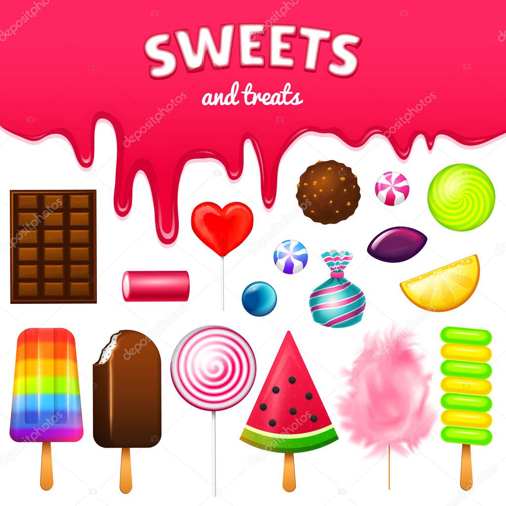 Realistic Sweet candies. Swirl caramel, assorted circle lollipops, dragee and chocolates, fruit jelly, Sugar clouds, cotton and watermelon. 3d game background. holiday colors in modern style