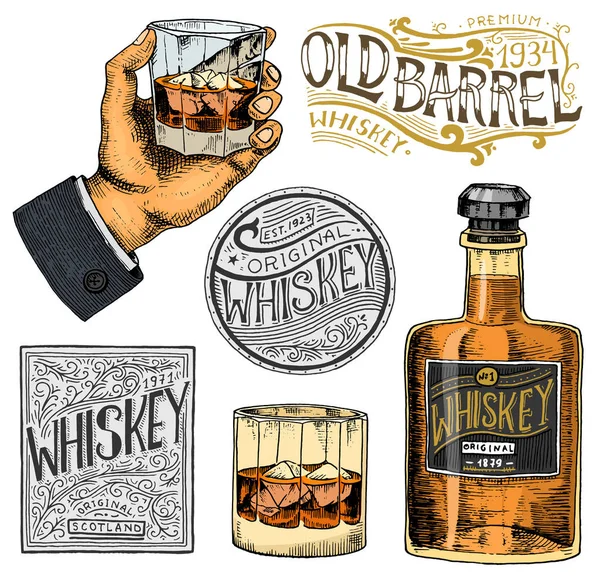 Insigne de whisky américain vintage. Étiquette alcoolique avec éléments calligraphiques. Dessin à la main gravé lettrage croquis pour t-shirt. Cadre classique pour la bannière d'affiche de bouteille. Verre avec boisson forte . — Image vectorielle