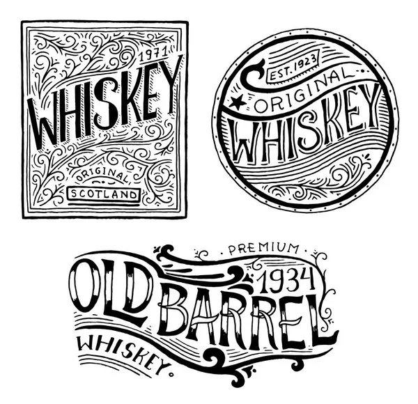 Vintage American whiskey badge. Alcoholic Label with calligraphic elements. Hand drawn engraved sketch lettering for t-shirt. Classic frame for bottle poster banner. Glass with strong drink. — Stock Vector