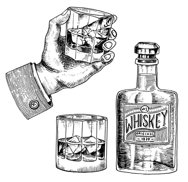 Odznaka Vintage amerykańska whiskey. Alkoholowe etykiety z elementami kaligraficzne. Klasyczna ramka na plakat banner. Szkło z picia. Okrzyki toast. Ręcznie rysowane napis wygrawerowany szkicu dla t-shirt. — Wektor stockowy
