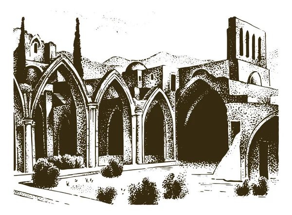 Antico edificio storico. Facciata a Verona di stile barocco gotico. Architettura antica e strada a Venezia. Città europea su sfondo bianco. Illustrazione vettoriale. Schizzo inciso a mano — Vettoriale Stock