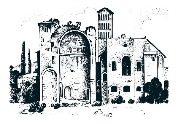 Ancien bâtiment historique. Façade à Lucques. Style baroque gothique. Ancienne architecture de rue en Toscane Italie. Ville européenne sur fond blanc. Illustration vectorielle. Croquis gravé à la main . — Image vectorielle