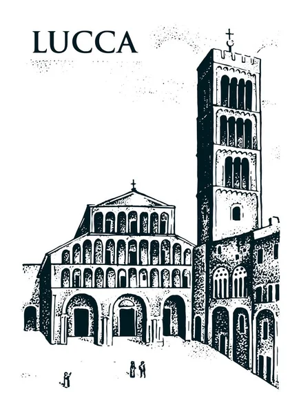 Antiguo edificio histórico. Fachada en Lucca. Estilo barroco gótico. Arquitectura Antigua de la calle en Toscana Italia. Ciudad europea sobre fondo blanco. Ilustración vectorial. Dibujo grabado a mano . — Archivo Imágenes Vectoriales